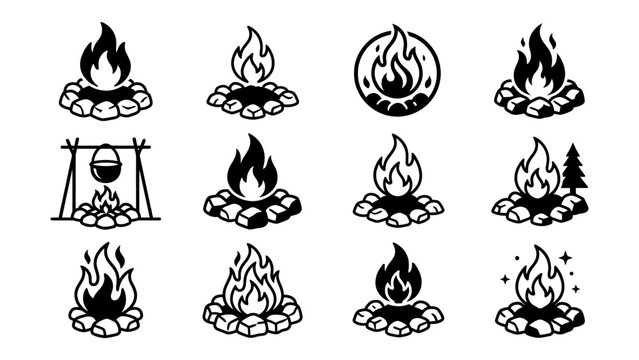 Campfire and bonfire vector icon set with flames and stones for outdoor camping and adventure design