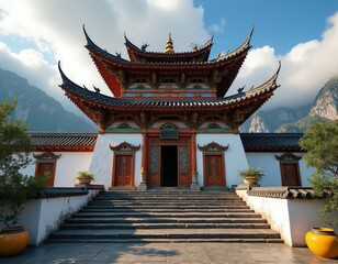 Fototapeta premium Traditional Chinese temple with ornate roofs set against misty mountains. Stone stairs lead to entrance with carved wooden doors. Rich green trees flank white walls.