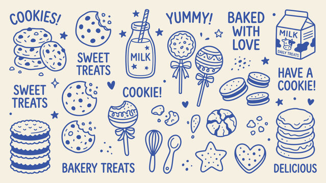 Cute cookie and milk doodle vector set with hand drawn sweet treats and baking elements for bakery branding
