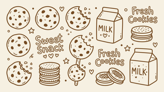 Cute cookie and milk doodle vector set with chocolate chip cookies milk cartons and sweet snack text elements for bakery design