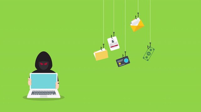 Hacker with laptop computer stealing confidential data, personal information and credit card detail. Hacking concept.