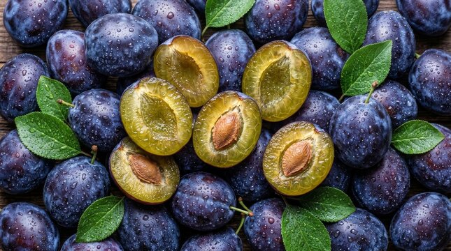 Pile of ripe purple plums with green leaves and halved fruit for vibrant food background and summer market banner