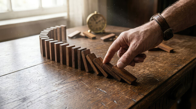 Hand knocking down dominoes in line