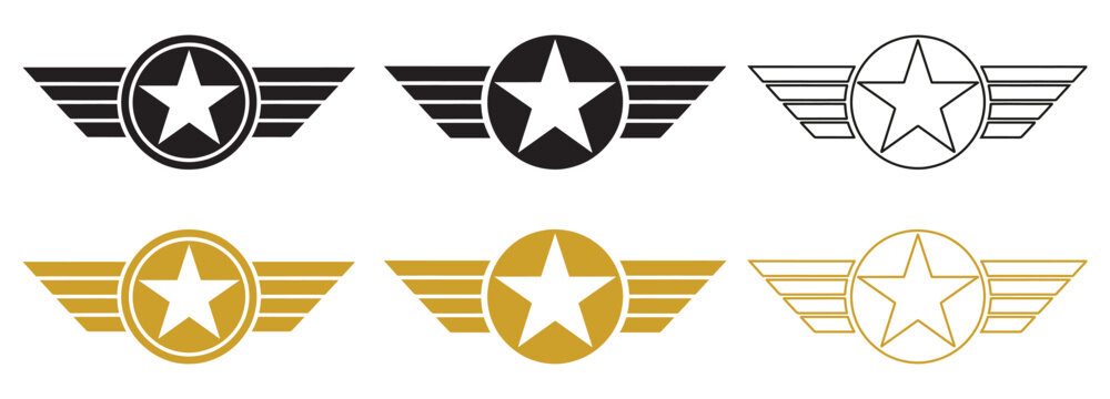 Vector aviation wing emblems with star set.