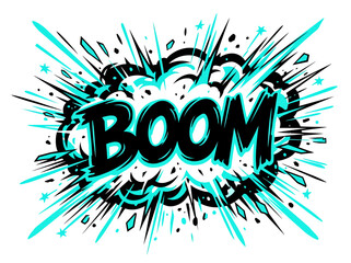 Explosion Boom Comic Book Sound Effect, Dynamic Burst, Pop Art Style, Turquoise and Black © Februari
