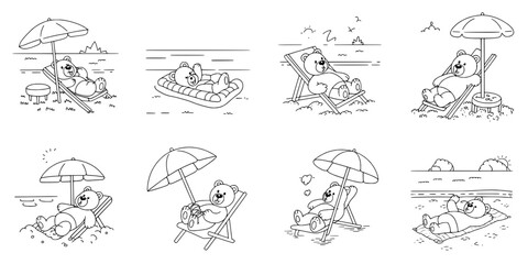 Fototapeta premium Umbrella Beach Doodle Set with Cute Animals Lying Relaxing and Playful Waves for Kids Summer Coloring Page