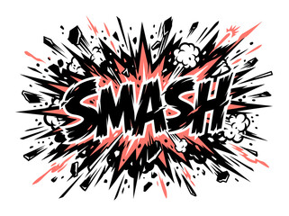 Comic Book Style "SMASH" Explosion Burst with Debris and Smoke © Februari