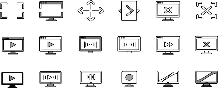 Media Player Controls, Screen Display, Fullscreen Navigation and Video Playback Interface Line Icon Set for Multimedia Applications and User Experience