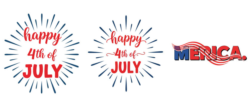 Set of happy 4th of july typography designs and merica text with patriotic american flag wave effect