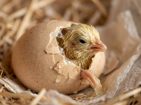 Baby chick hatching from egg in nest