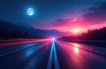 Obraz premium Highway at night with moon, stars, and vibrant neon lights reflecting on wet road. Mountains and forest border the scenic route. Car light trails streak past.
