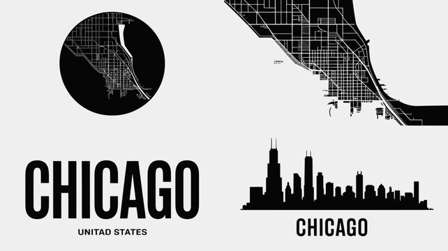 Chicago city map and skyline silhouettes against a white background showcasing urban planning cityscape street road network layout silhouette black