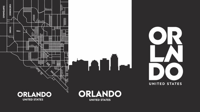 Orlando city skyline silhouette and map illustration with text against a black and white background florida cityscape urban town metropolitan