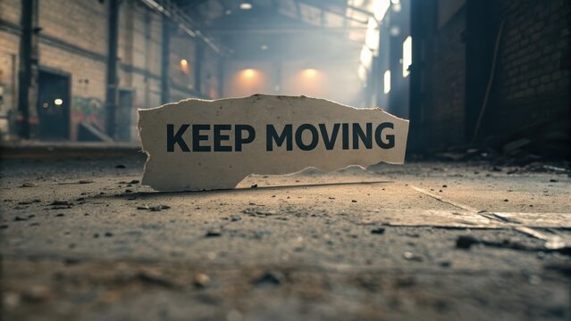Inspirational Message on Paper Keep Moving in Abandoned Warehouse