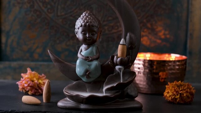 Ceramic backflow incense holder in form of a buddha statue with smoldering incense cone, static shot