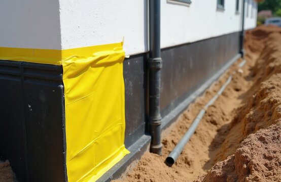 Building foundation exterior wall water proofing with yellow protective barrier. Drainage pipes installed in trench near house. Construction site work in progress. Building home protection.