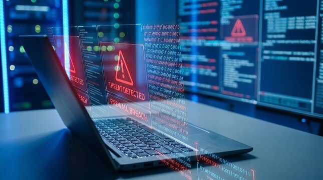 Laptop displaying a digital security warning of a firewall breach in a server room.