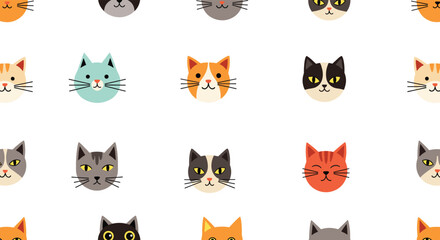 Fototapeta premium Seamless pattern featuring a colorful variety of cute cat and kitten faces with different fur patterns on a white background.
