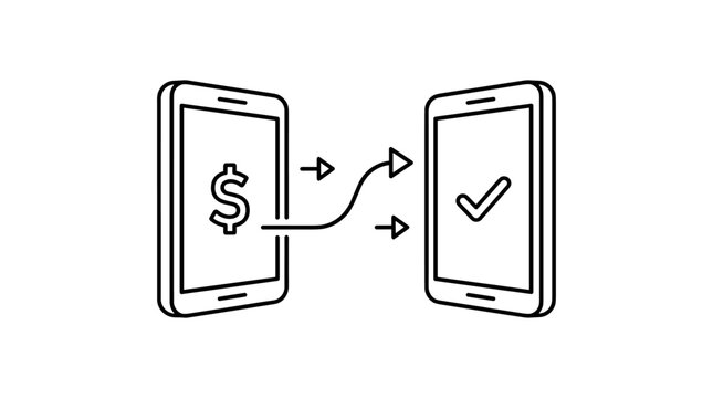 Mobile money transfer between two smartphones, electronic payment and digital transaction service with dollar sign and checkmark