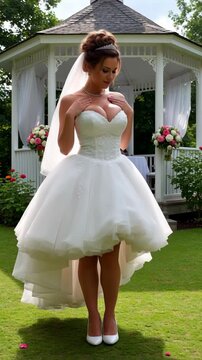 An elegant bride in a white tulle wedding dress with an asymmetrical hem stands near a garden gazebo showing off details of her outfit during an outdoor ceremony.