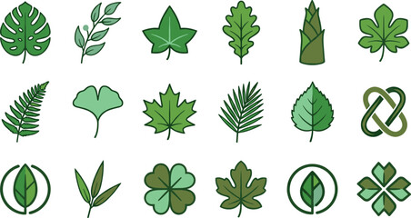 Botanical Leaf Icon Collection Featuring Monstera, Ivy, Oak, Maple, Ginkgo, Fern, Palm, and Eco Nature Symbols © Priyanka