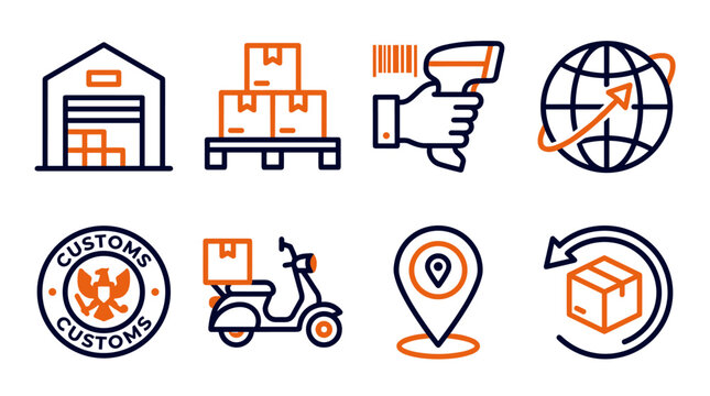Set of logistics and delivery icons including warehouse, shipping boxes, barcode scanner, globe, customs stamp, delivery scooter, location pin, and return package
