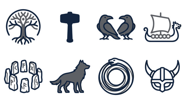 Set of pixel art viking and Norse mythology icons including Yggdrasil tree, Mjolnir, ravens, longship, rune stones, wolf, ouroboros, and horned helmet