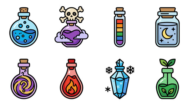 Pixel art potion bottles representing magic, poison, fire, ice, nature, and mysterious elixirs for game design