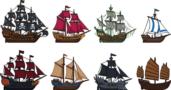 Sailing Ship and Pirate Vessel Collection Featuring Historic Tall Ships, Ghost Ships, Merchant Boats, and Nautical Maritime Illustrations