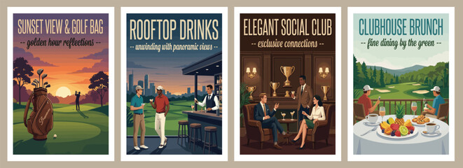 Obraz premium Vintage style luxury golf lifestyle travel poster set. Flat vector illustrations of modern locker room, morning course cafe, apparel outfit, and weekend getaway.
