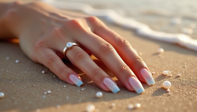 Hand with elegant ombre nails and pearl ring rests on wet sand beach. Ocean wave washes shore with scattered pearls. Relaxing seaside beauty captured.