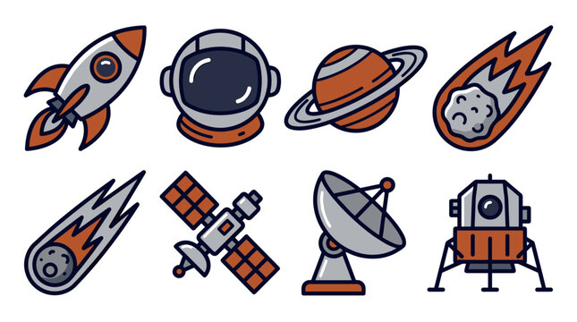 Pixel art space exploration icons set with rocket, astronaut helmet, planet Saturn, comet, satellite, radar dish, and lunar lander for game design or educational content