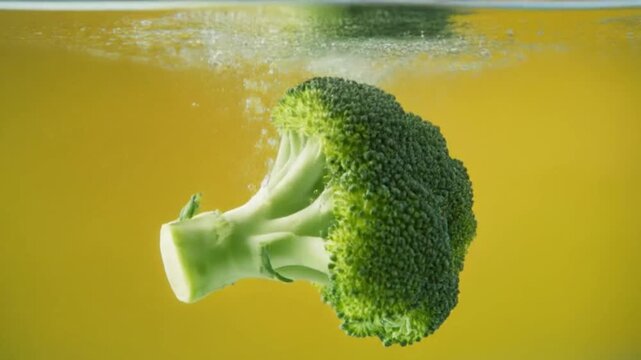 Macro close-up video of fresh broccoli descending onto glossy transparent water, hovering and bobbing than sinking, cinematic side lighting, and bright lemon yellow backdrop