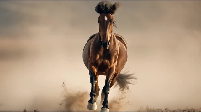 Majestic brown stallion running fast towards the camera, kicking up clouds of dust in a dry landscape