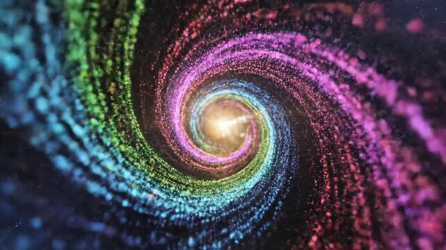 Vibrant colorful particle spiral animation swirling into a cosmic dark space vortex