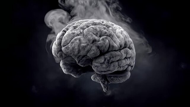 Anatomical human brain model emitting thick white smoke against black background. Lockdown shot.