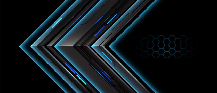 Abstract blue grey arrow metallic direction technology futuristic cyber on black with hexagon mesh design modern on black background vector