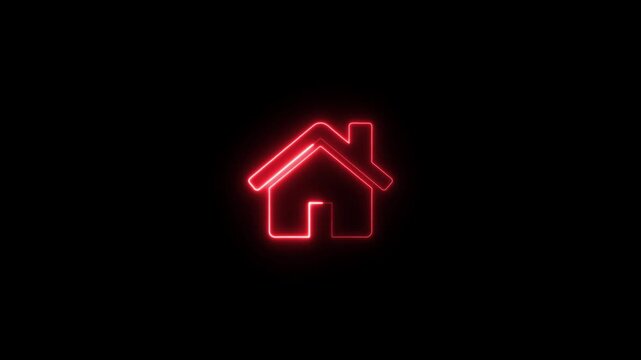 Glowing red neon house representing a home or main page symbol isolated on a solid black background for digital interface