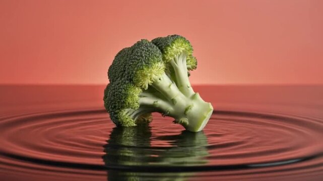 Dramatic slow motion video of broccoli landing softly on a mirror smooth water surface, creating concentric ripples, illuminated with professional tri point studio lighting, and warm coral background