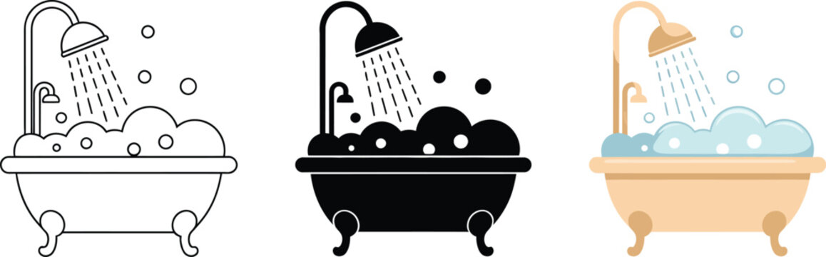 Bathtub with soap foam icon featuring shower and bubbles vector illustration, soapy water symbol, foaming water sign, hygiene pictogram, and bath silhouette design.