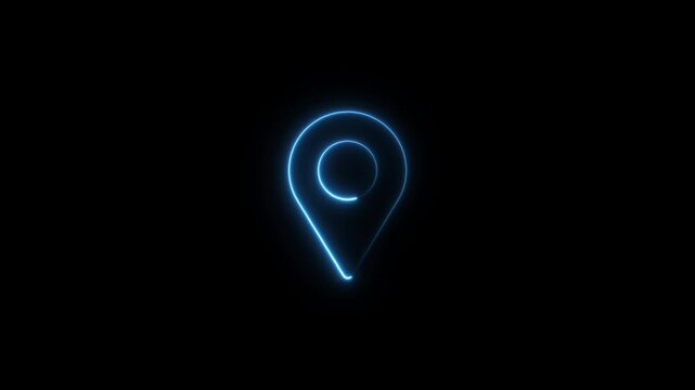 Glowing blue neon map pin isolated on a black background for navigation and location services digital interface
