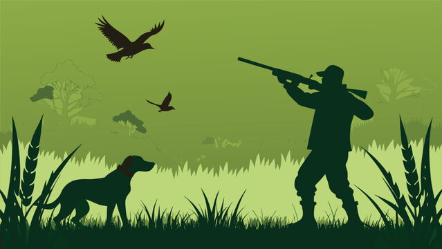 Hunter silhouette aiming shotgun at birds with loyal dog in grassy field during dawn with misty trees