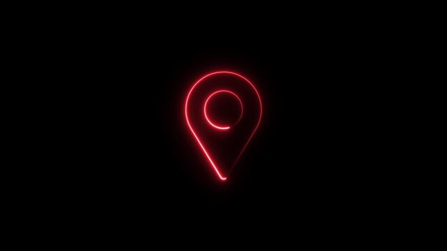 Glowing red neon map pin isolated on a black background for navigation and location services digital interface