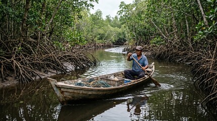 Fototapeta premium Man paddles a wooden boat through a lush green mangrove forest, capturing the serene natural beauty of the environment