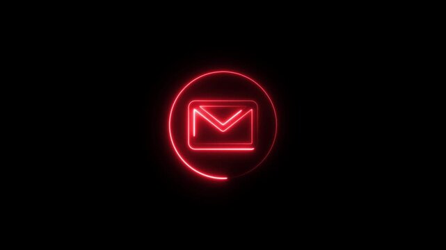 Glowing red neon envelope inside a circle isolated on a black background for email communication and messaging interface