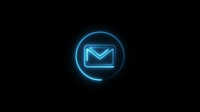 Glowing blue neon envelope inside a circle isolated on a black background for email communication and messaging interface