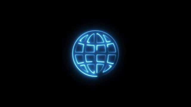 Glowing blue neon globe centered on a dark black background representing global connectivity internet networking and worldwide communication