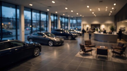Obraz premium blurred car dealership showroom luxury automotive retail store interior modern vehicle sales floor bokeh background transport service