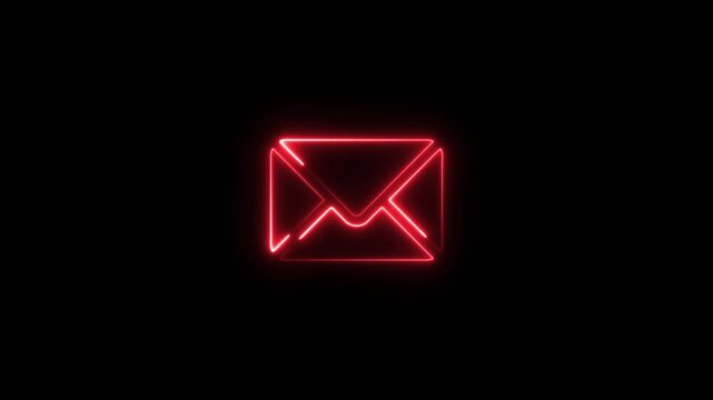 Glowing red neon envelope centered on a solid black background representing digital mail communication and electronic message notification systems