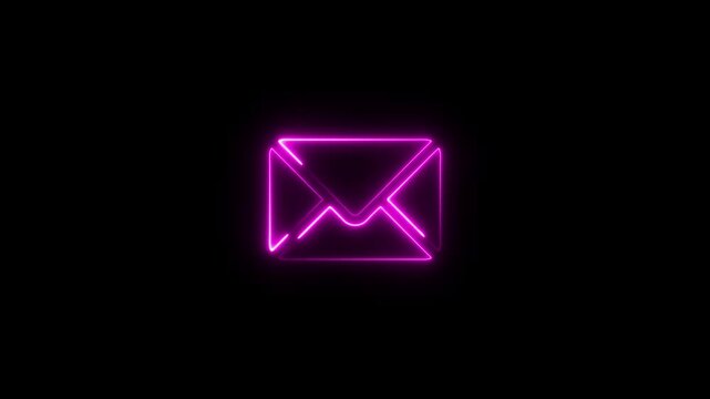 Glowing purple neon envelope centered on a solid black background representing digital mail communication and electronic message notification systems